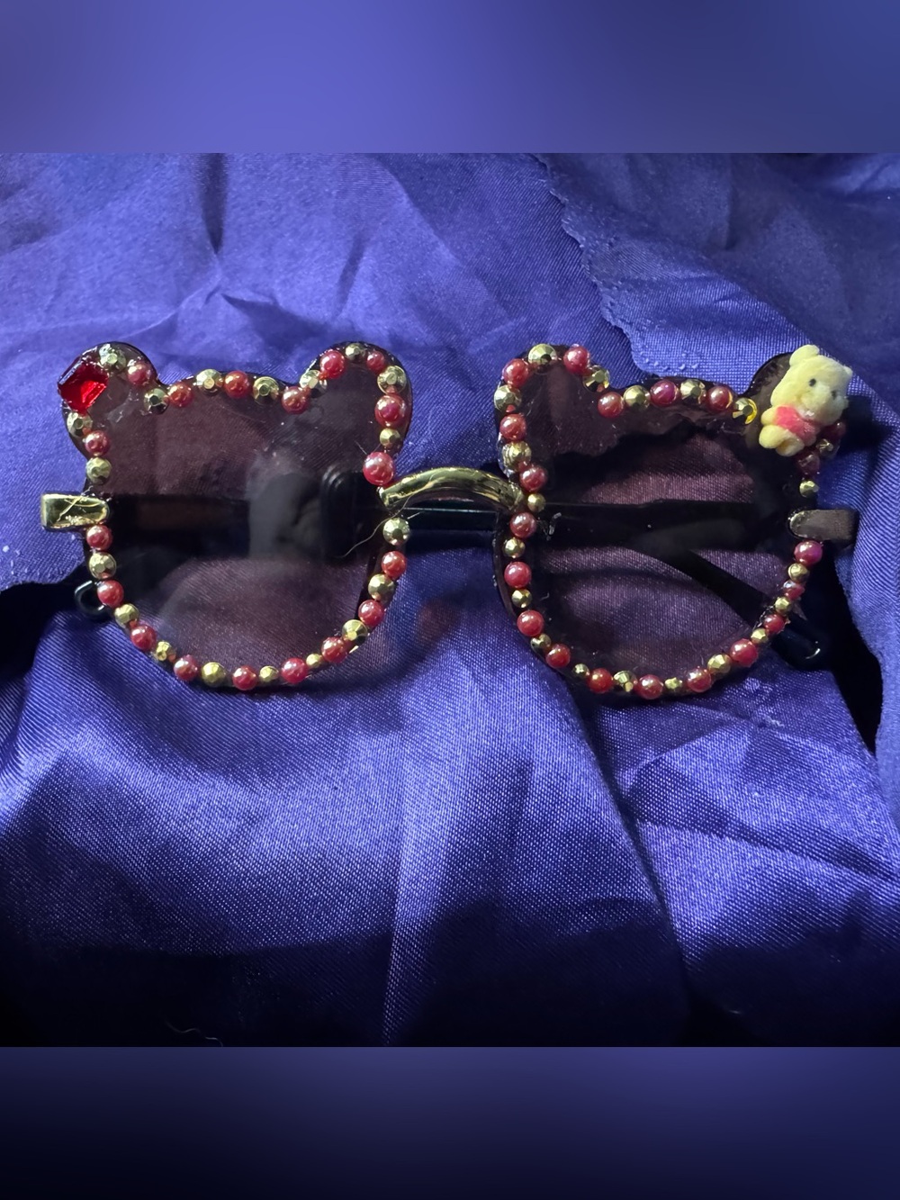 Teddy bear Shaped Rhinestone Sunglasses - Red & Gold Accents